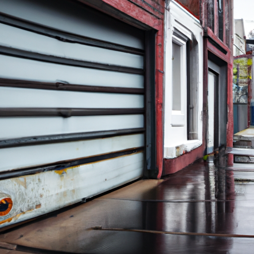 Hoboken rowhouse garage with a sectional door slightly off its metal track, wet pavement, overcast sky.