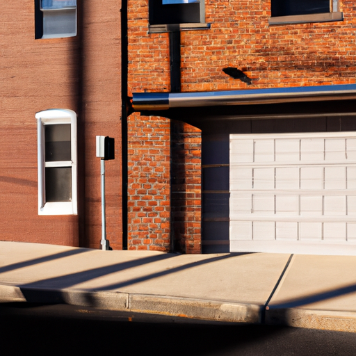 Modern sectional garage door on a brick Hoboken row house at afternoon light, street and stoop visible.