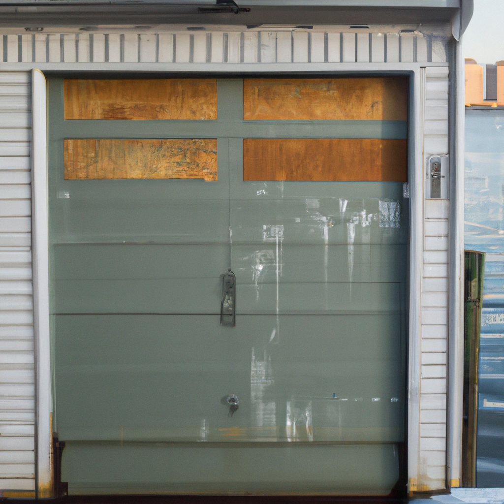 Close-up of a garage door on a coastal home in Hoboken, NJ with subtle corrosion marks and a waterfront backdrop