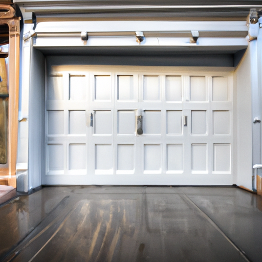 Insulated steel garage door on a Hoboken rowhouse with visible seals and panels, morning light on wet pavement