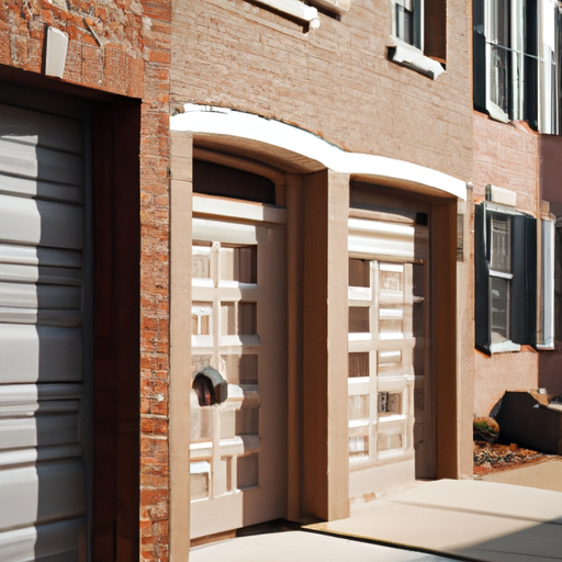 Residential garage door on a Hoboken row house with brick facade, early morning light, no people.