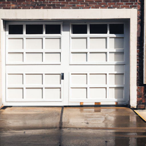 White paneled garage door on a brick Hoboken row house with wet pavement and sidewalk visible, early morning light.