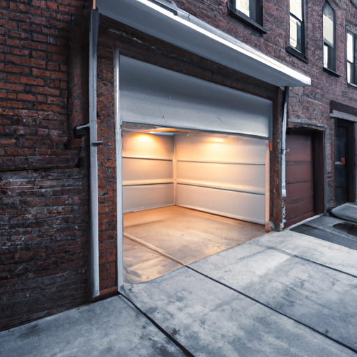 Residential brick townhouse garage door in Hoboken partially open, showing ceiling-mounted opener and wet pavement.