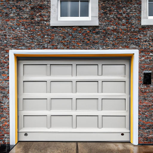 Insulated sectional garage door on a brick Hoboken rowhouse with visible bottom seal and urban street context.