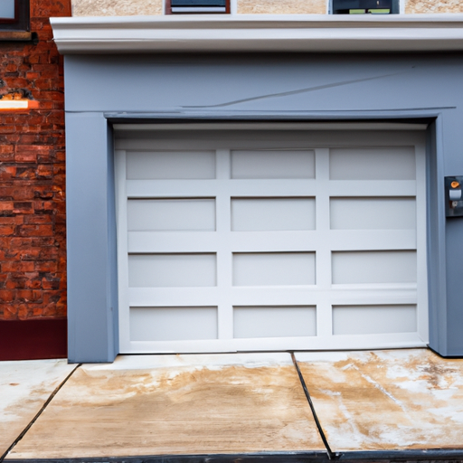 Modern garage door on a brick Hoboken rowhouse, partially open, with driveway and stoop visible.
