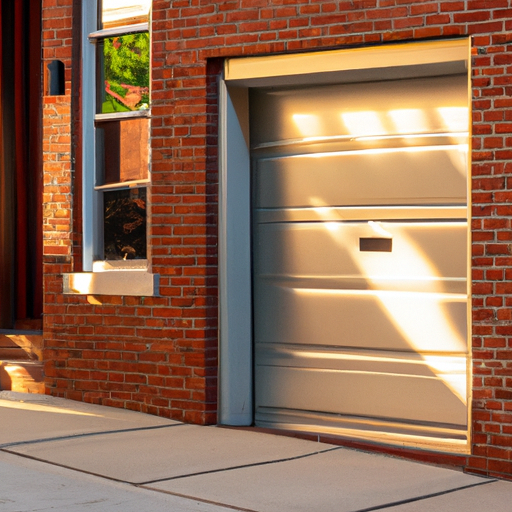 Modern steel garage door on a red-brick Hoboken rowhouse at golden hour, street view, no people.