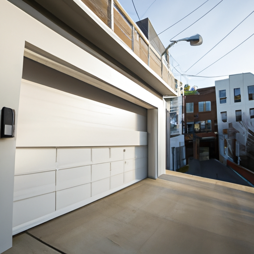 Wide view of a Hoboken residential garage with a visible smart garage opener installed, rowhouses in background