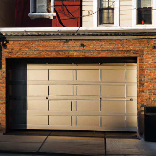 Insulated residential garage door with tight seals on a Hoboken brick home, late afternoon light.