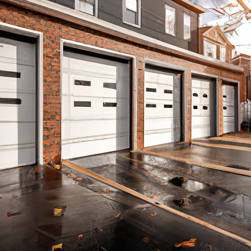 Wide view of a modern garage door on a Hoboken row home, street visible, wet pavement and seasonal details.