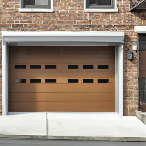Exterior view of a residential garage door on a Hoboken brownstone-style home with visible tracks and panels.