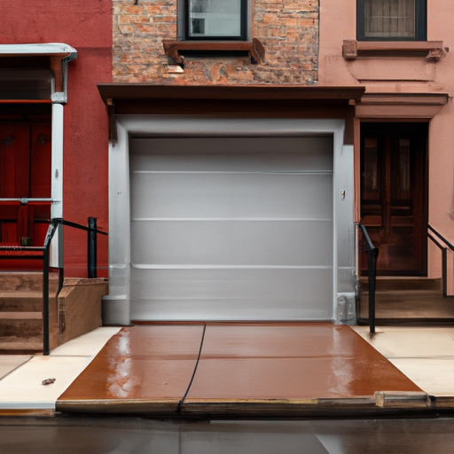 Metal sectional garage door on a Hoboken brownstone street with wet pavement and overcast sky, no people.