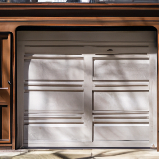 Residential garage door and hardware on a Hoboken brownstone street, visible tracks and opener components.