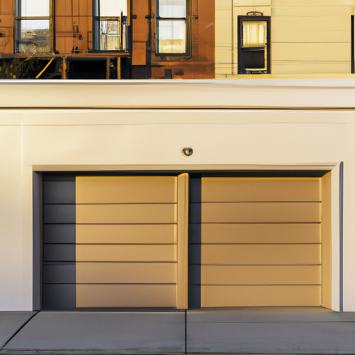 Modern residential garage door closed on a Hoboken row-house, visible tracks and hardware at golden hour.