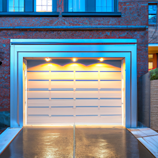 Exterior Hoboken rowhouse garage with a modern insulated sectional door and integrated smart opener at dusk.