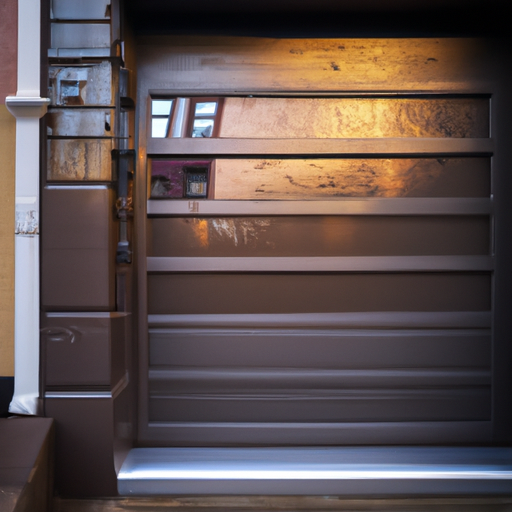 Steel sectional garage door on a Hoboken brownstone with wet sidewalk after rain in early morning light.