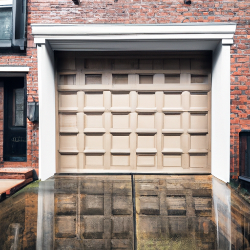 Wide shot of a modern paneled garage door on a brick Hoboken rowhouse, wet pavement and overcast light.