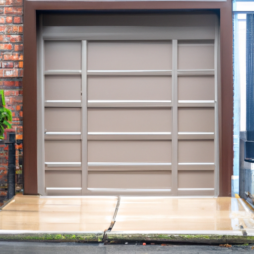 Residential garage door in Hoboken after light rain, showing seals and threshold on wet pavement.