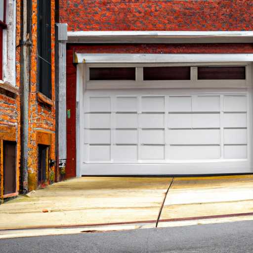 Hoboken row-house garage with an insulated sectional door slightly open, showing threshold and weatherseal detail
