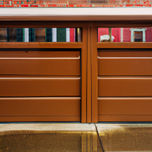 Residential garage door and entry in a Hoboken neighborhood with brick homes and wet street reflections.