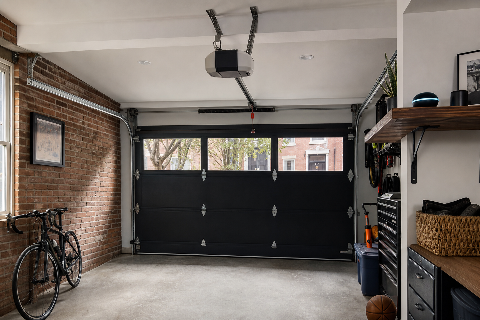 Wide shot of a Hoboken garage door and smart opener in a clean residential interior